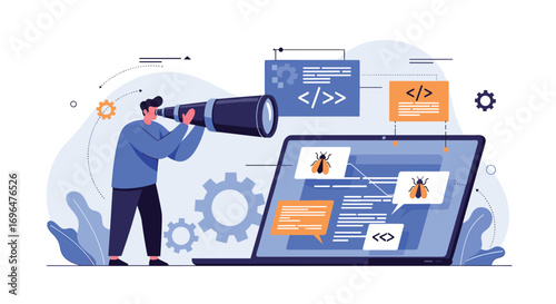 Software development and debugging process of computer code on a laptop screen with code snippets and bugs