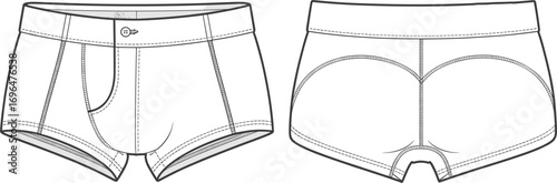 Front and back view of boxer briefs with button fly and contoured seat Keywords: boxer briefs, underwear, briefs, garment