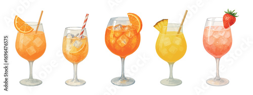 Vibrant spritz cocktail set - classic aperol spritz, tropical spritz, non-alcoholic spritz, rose spritz, tonic spritz. Vectors isolated on white background.