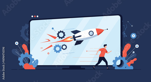 Agile methodology and rapid deployment of a startup business concept with a rocket launch illustration signifying fast growth and innovation