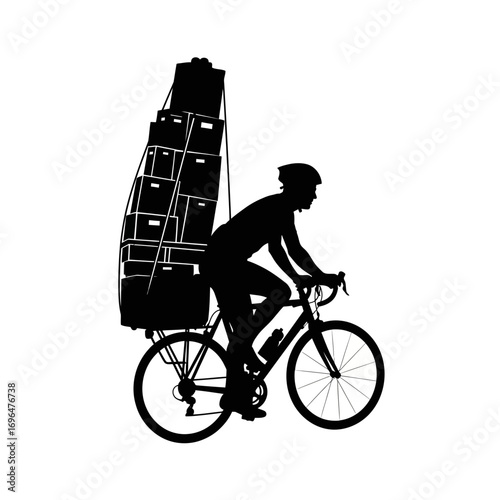 Cyclist carrying a tall stack of boxes on a bicycle silhouette isolated on white background
