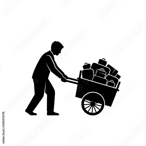Man pushing a cart full of luggage silhouette isolated on white background
