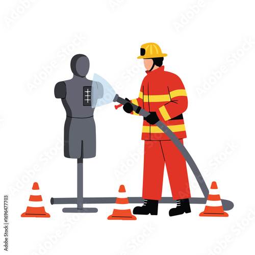 Firefighter spraying water on a mannequin set up with orange traffic cones