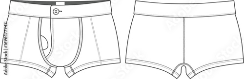 Front and back view of white boxer briefs with button fly and elastic waistband underwear men's underwear
