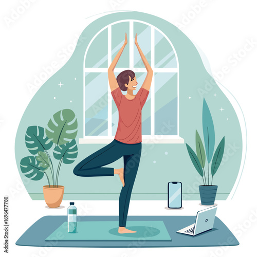 Vector art of woman practicing yoga at home for fitness, health, and wellness, using online class and digital connection for training and relaxation