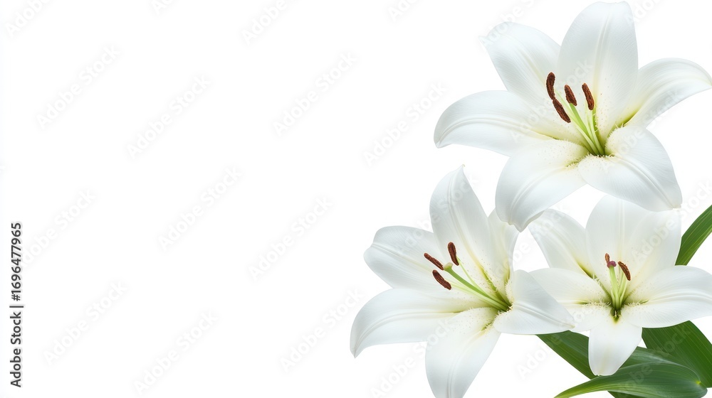 Fototapeta premium White lilies on white background with copy space