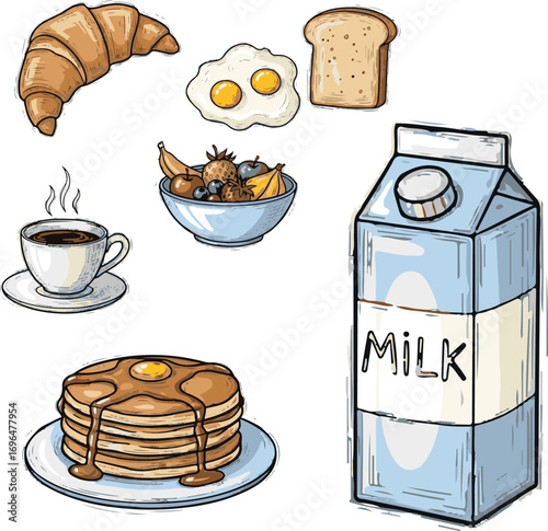 This illustration of milk, cookies, bread, and croissants is a sweet breakfast and bakery food vector icon set
