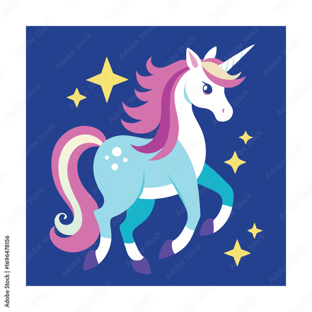 Fototapeta premium Playful light blue unicorn with pink mane and rainbow tail on dark blue