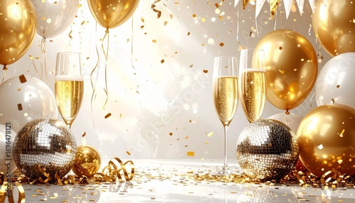 Wallpaper Mural Glam New Years Eve celebration white and gold background with balloons, disco balls, confetti and champagne glasses with copy space Torontodigital.ca