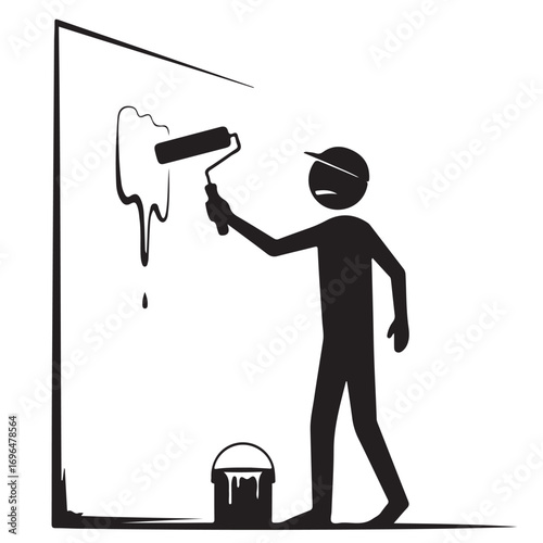 Frustrated Person Messily Painting a Wall with a Roller
