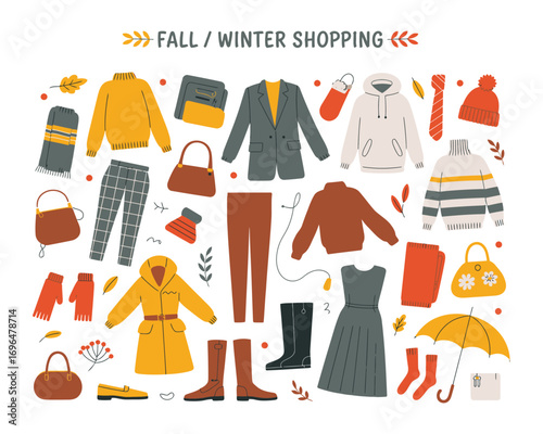 Winter Clothing and Outerwear Vector Poster. Hand Drawn Fashion Illustration for Shopping Concept, Seasonal Wardrobe Trends, or Promotional Apparel Design Projects.