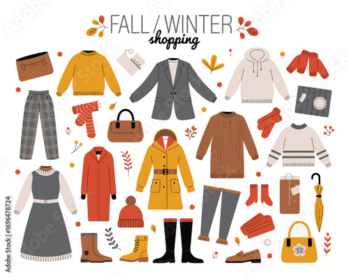 Winter Clothing and Outerwear Vector Poster. Hand Drawn Fashion Illustration for Shopping Concept, Seasonal Wardrobe Trends, or Promotional Apparel Design Projects.