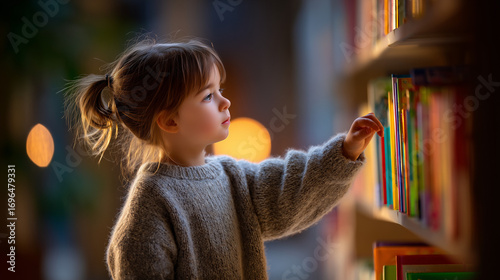 Young girl reaching for a book on a library shelf at sunset  