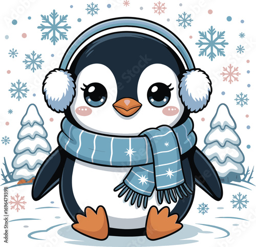 cartoon penguin wearing scarf and earmuffs enjoying a snowy day vector