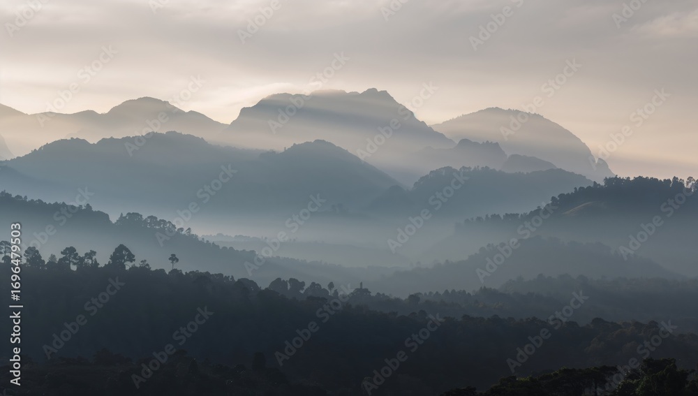 Fototapeta premium Gorgeous peaks enveloped in morning mist with no sunlight