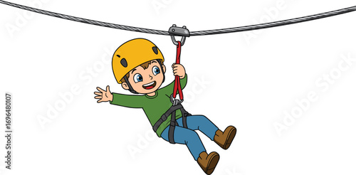 Cartoon boy riding zipline with safety harness and helmet, outdoor adventure, fun activity, vector illustration for kids and adventure themes