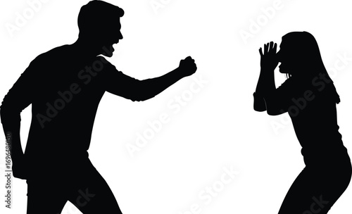 Silhouette of man threatening woman isolated on white background, violence
