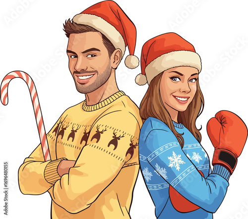 Couple wearing santa hats and festive sweaters ready for christmas fun vector