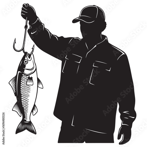 Angler Silhouette Holding a Freshly Caught Fish on a Fishing Hook