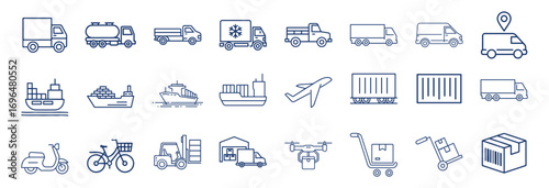 Commercial vehicles line icon set. Vector pictograms of container, pallet, forklift, plane, drone, helicopter, ship, train, cargo truck, warehouse, thin linear illustration. vector illustration eps