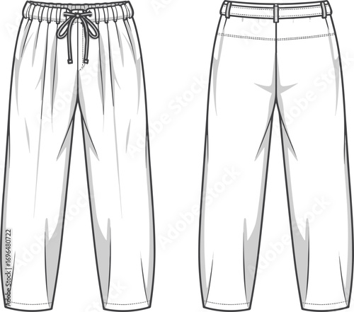 Womens loose fit pants fashion design flat sketches front and back views clothing trousers