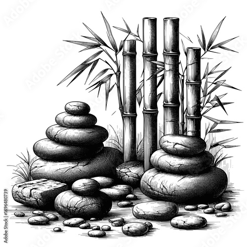 Bamboo and stones in black and white art showing tranquility