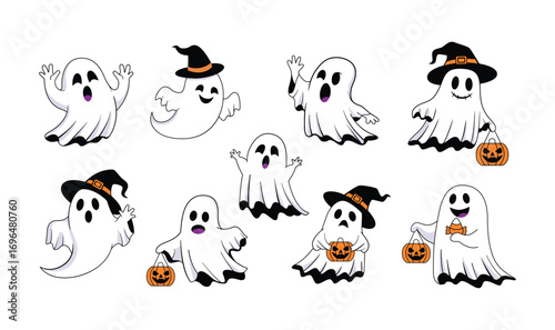 Happy ghosts with pumpkins and hats with transparent background