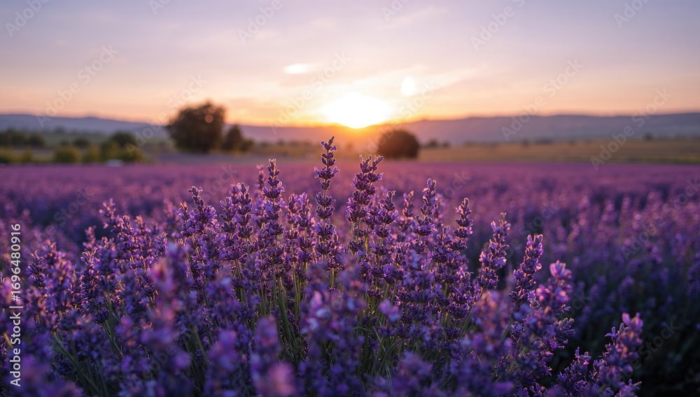 Fototapeta premium Lavender fields in full bloom with essential oil harvest under a sunset sky