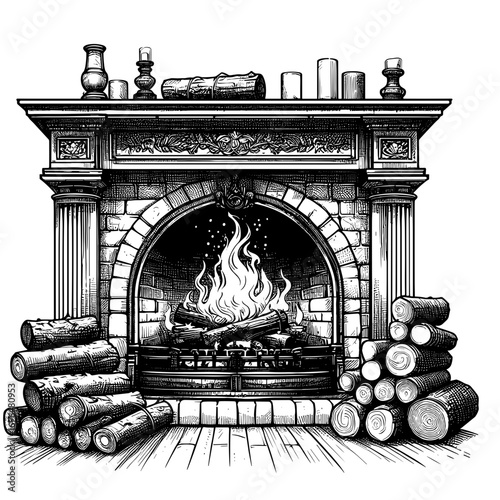 Ornate fireplace in black and white vintage style