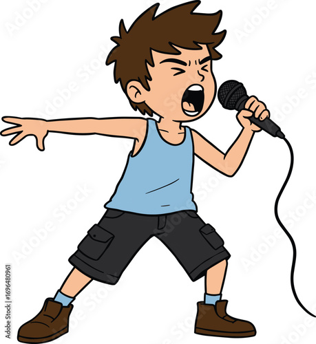 Cartoon boy singing passionately, holding microphone, performing on stage, energetic kid singer, animated vocalist, music show, expressive child performer