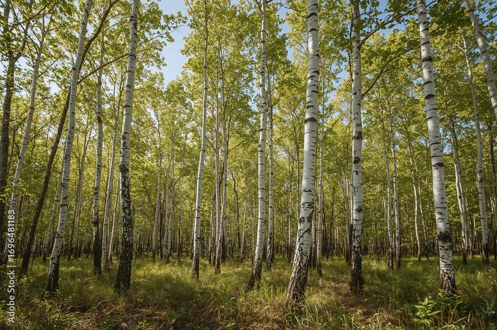 Fototapeta premium Summer landscape with birch trees