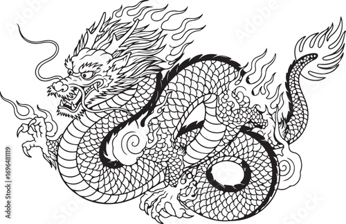 Vintage Asian-inspired black dragon tattoo illustration vector art on a white background