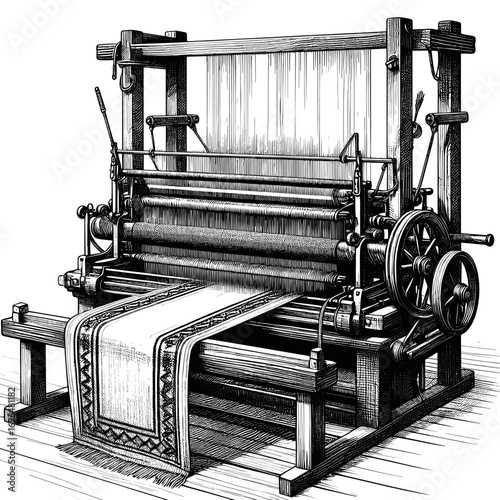 Historic loom illustration in black and white for textile weaving