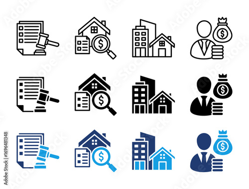 Law and Real Estate Icon Set. Containing Legal Document, Property Appraisal, Investment, and Investor Icons Collection.