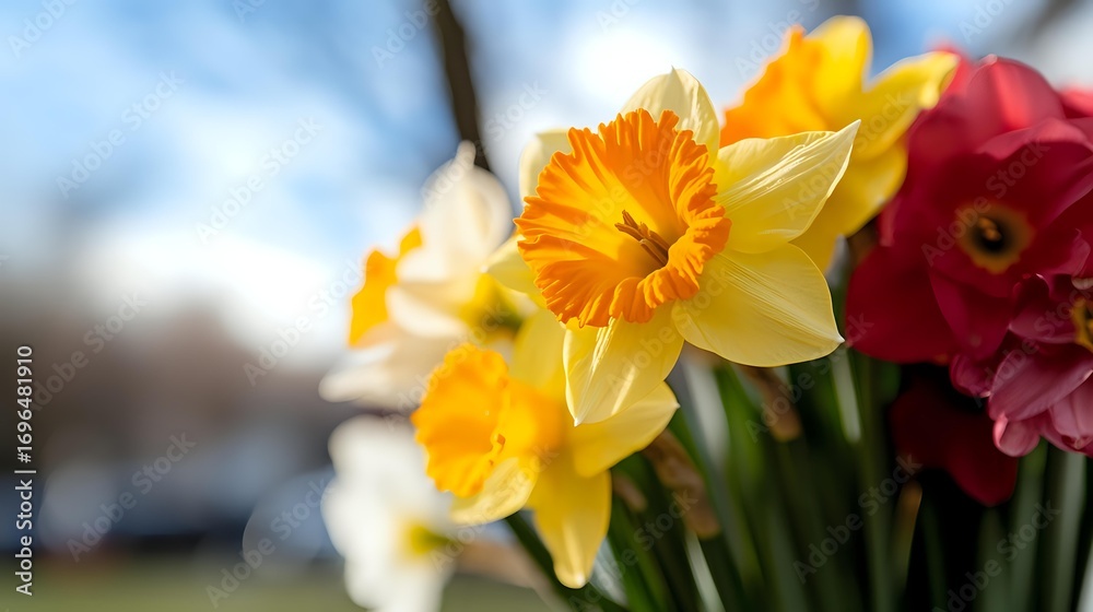 Fototapeta premium Vibrant spring daffodils and pink flowers in soft focus against blurred background, fresh seasonal garden blooms with bright yellow petals and orange centers.