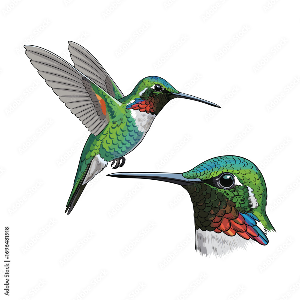 Obraz premium Hummingbird Fullbody and Close-Up Isolated on White