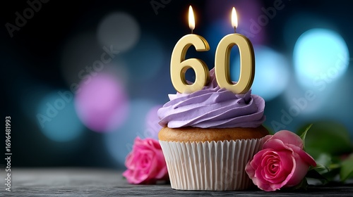 Elegant cupcake with candles for 60th birthday celebration with roses and soft bokeh