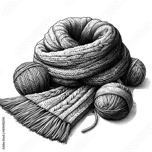 Cozy scarf in detailed black-and-white drawing for knitting