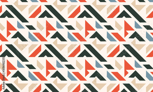 Seamless abstract geometric pattern with a modern deconstructed design, Dynamic architectural background with fragmented triangle shapes in a bold coral, green, and blue palette