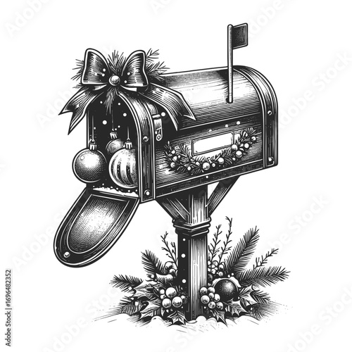 Decorated Mailbox Illustration in Black-and-White for Christmas