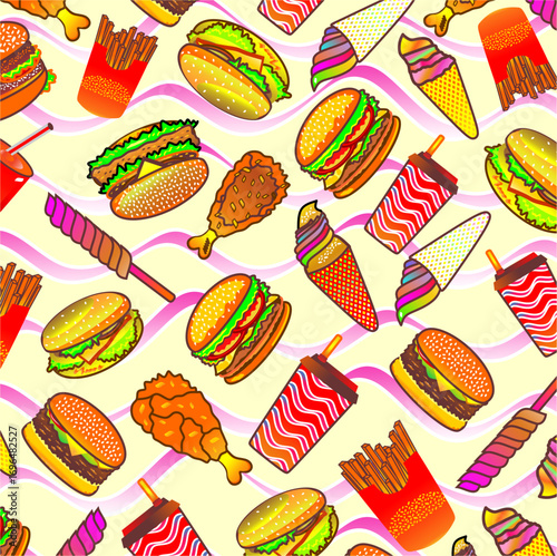 Fast food cartoon icons. Seamless pattern of fast food pattern background. Colorful fast food cartoon pattern. Set of hand drawn fast food illustration.Junkfood icon pattern background.