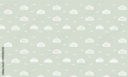 Simple minimalist seamless pattern with tiny greenhouse or house icons, Eco-friendly background with small barn shapes in a soft sage green and white palette
