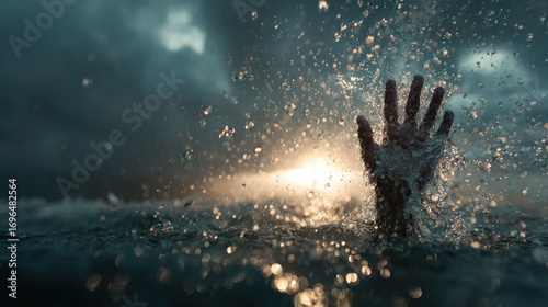 a hand reaching out of water towards a dramatic sky, symbolizing struggle and desperation