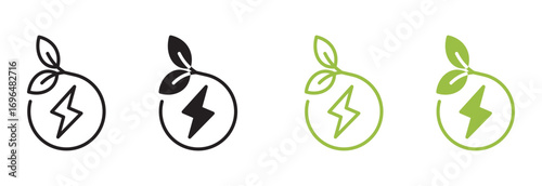 Green energy icon logo, electric bio eco renewable power leaves sign symbol , natural organic leaf technology with lightning bolt logotype icon set , Rewneable Energy  icon . 