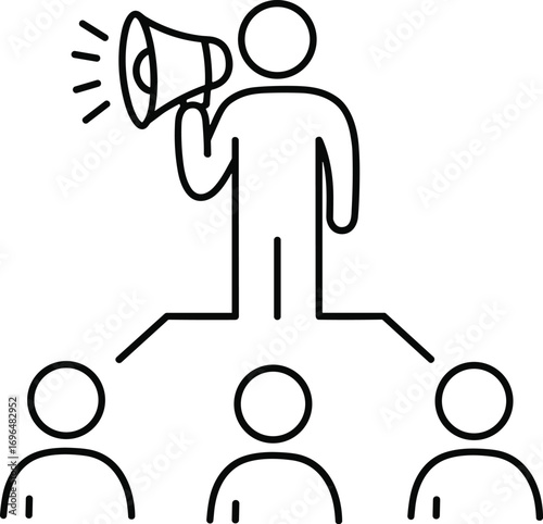 Leader with megaphone addressing audience, business communication illustration, teamwork concept, announcement symbol, management strategy vector, people leadership design, public speaking concept
