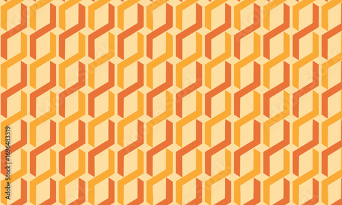 Retro 70s seamless geometric pattern, Groovy abstract background with a 3D optical illusion of wavy lines in a vintage orange and yellow color palette