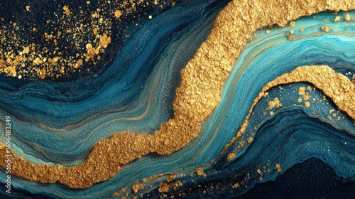 Panel kuchenny z motywem an elegant abstract artwork featuring flowing waves of gold and blue, creating a luxurious feel