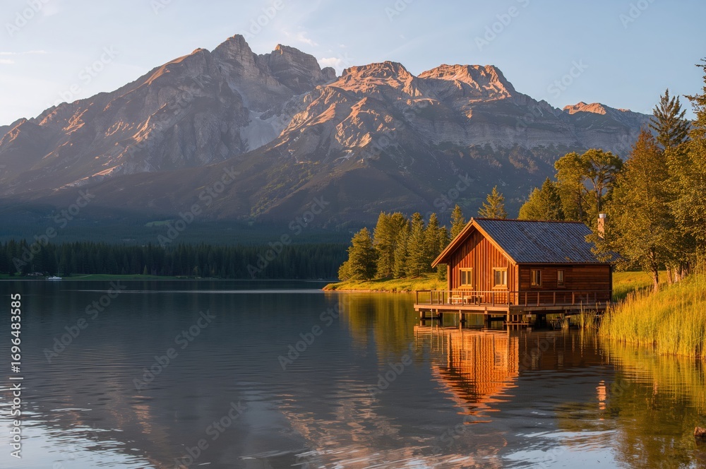 Obraz premium Lakeside Cabin Overlooking a Mountain Range