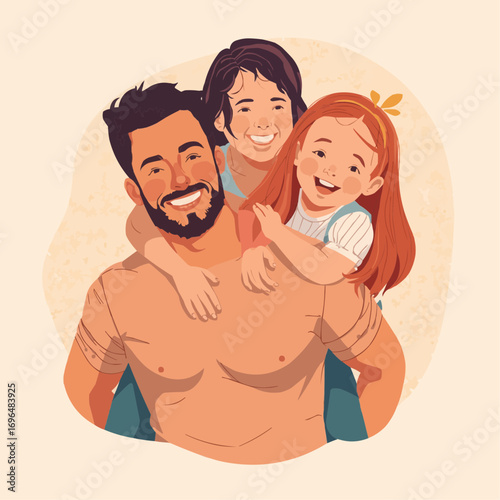 Smiling Couple with Two Kids on Piggyback, Flat Modern Style