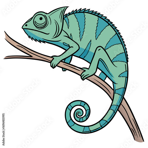 Cartoon chameleon with blue stripes perched on a branch